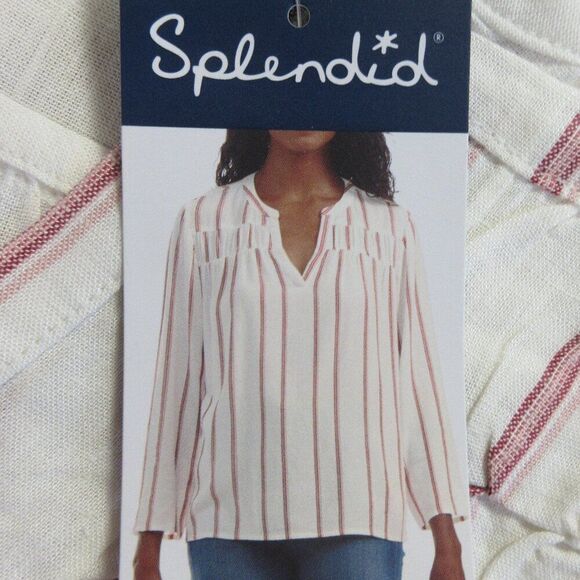 SPLENDID Ladies Linen Blend Shirt Blouse Sz L Yoked Red Wht Strip V Neck Top NWT - Picture 1 of 13